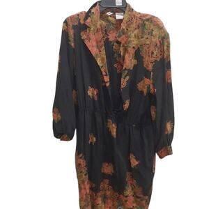 Vintage Silk Collection Black Floral Dress Belted Western Retro Sz M